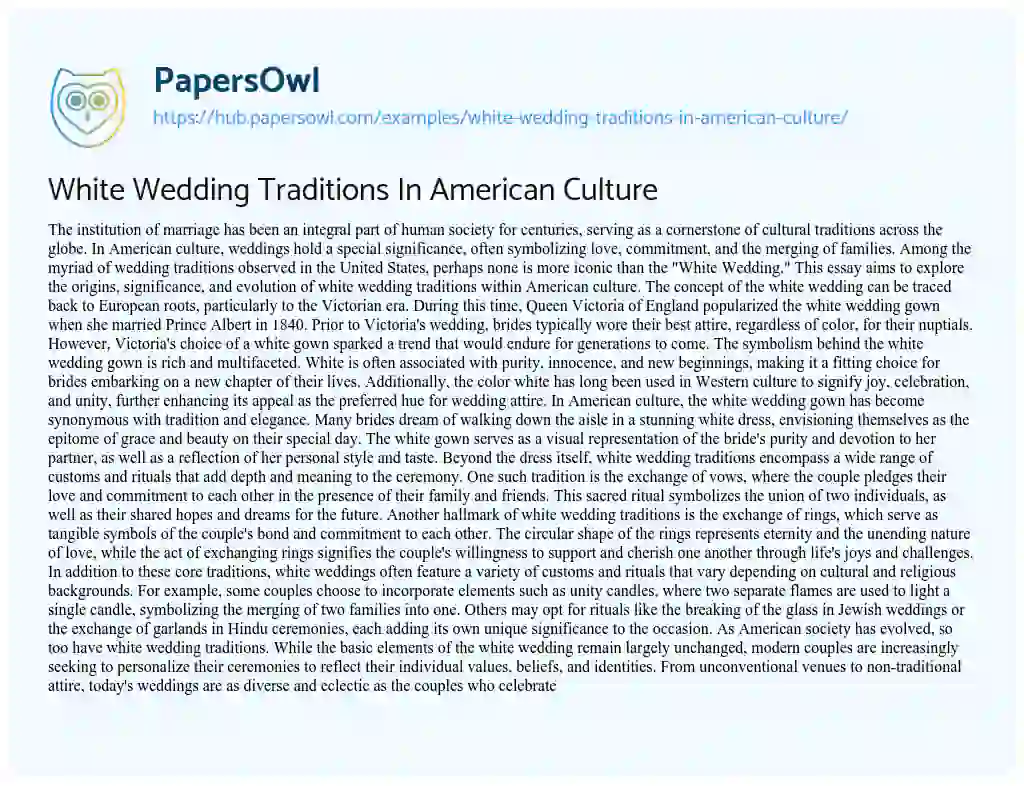 Essay on White Wedding Traditions In American Culture