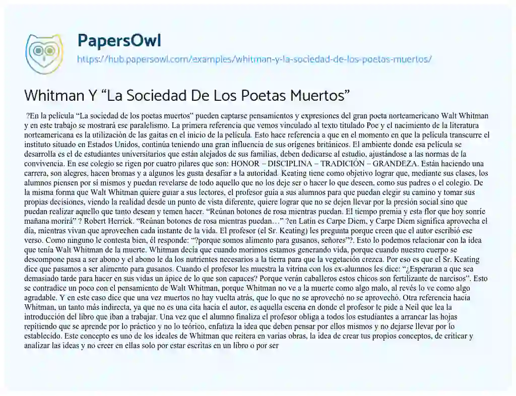 Essay on Whitman Y “La Sociedad De Los Poetas Muertos”
