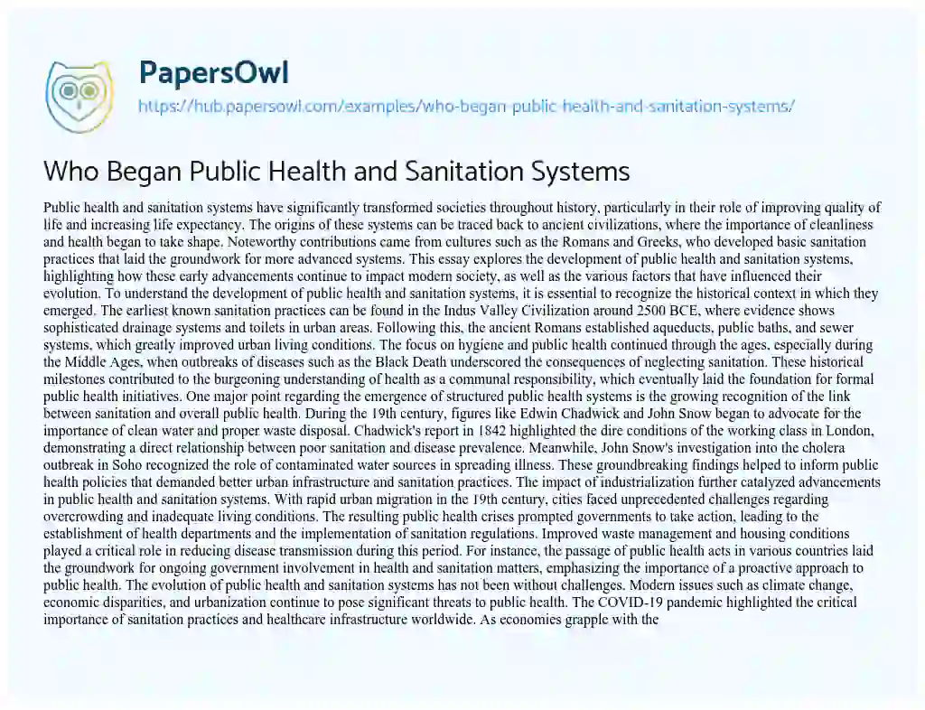 Essay on Who Began Public Health and Sanitation Systems