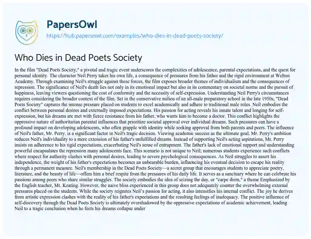 Essay on Who Dies in Dead Poets Society