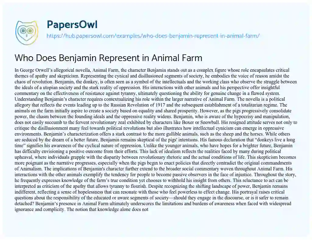 Essay on Who Does Benjamin Represent in Animal Farm