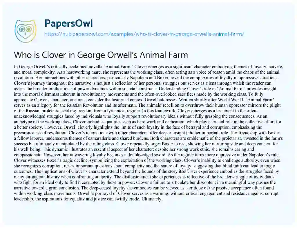 Essay on Who is Clover in George Orwell’s Animal Farm