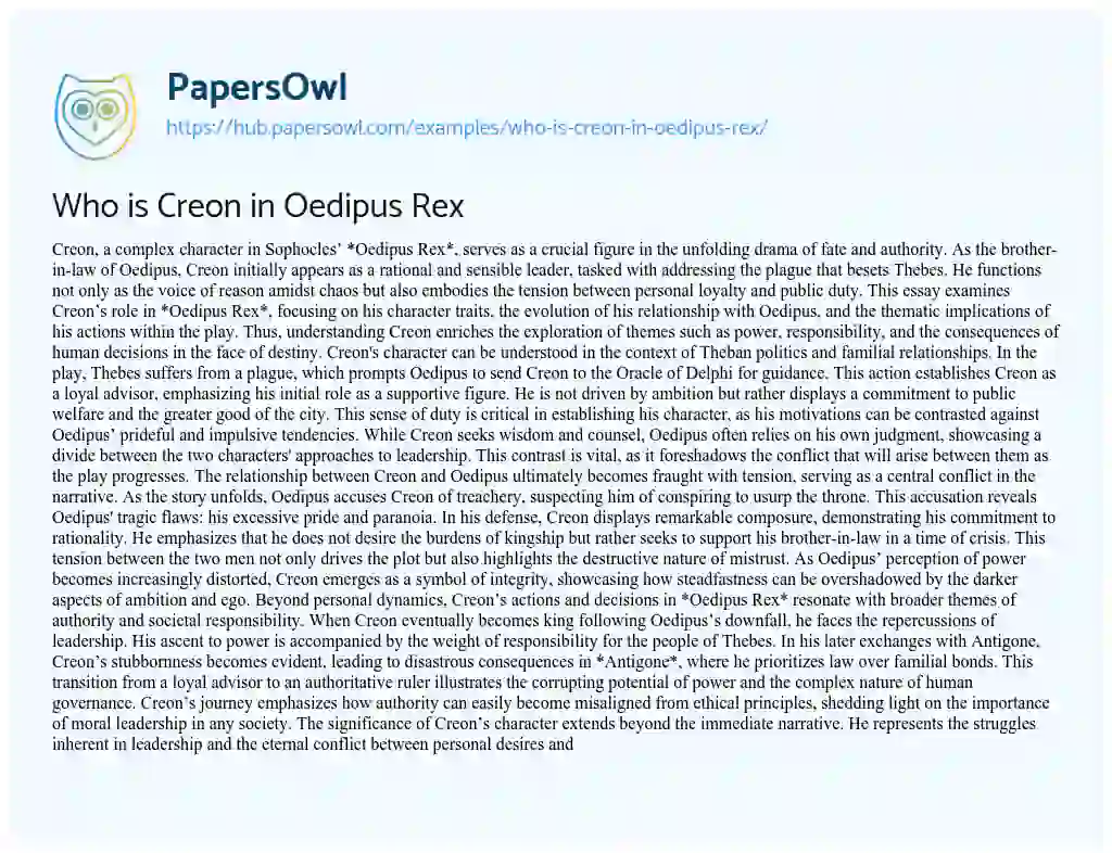 Essay on Who is Creon in Oedipus Rex