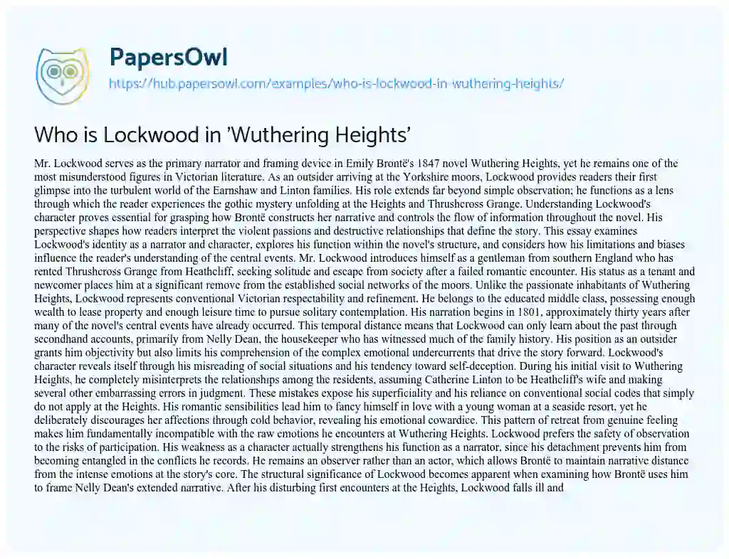 Essay on Who is Lockwood in ‘Wuthering Heights’