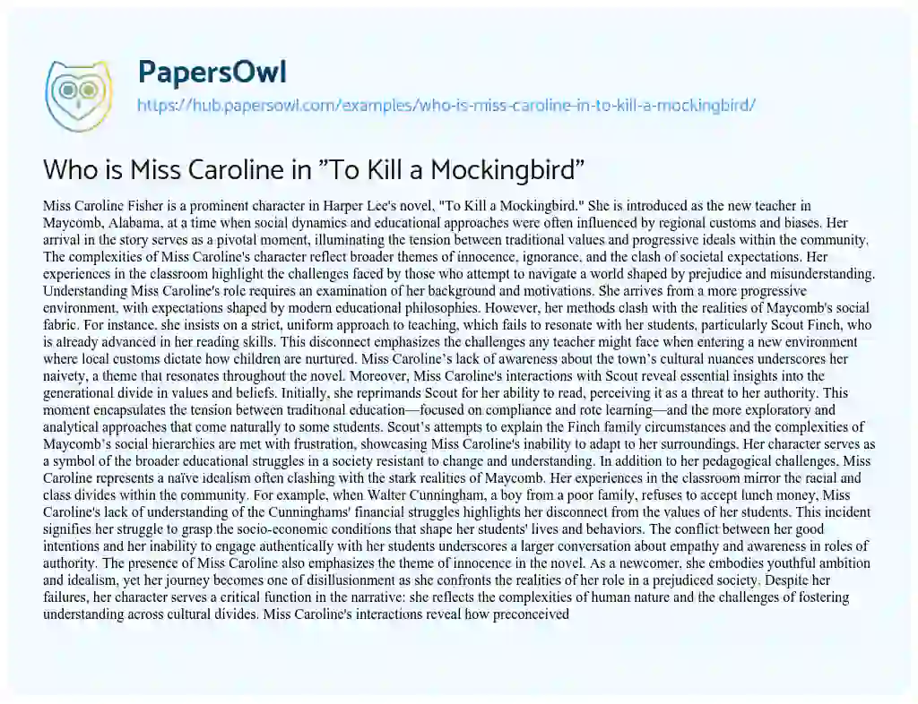 Essay on Who is Miss Caroline in “To Kill a Mockingbird”