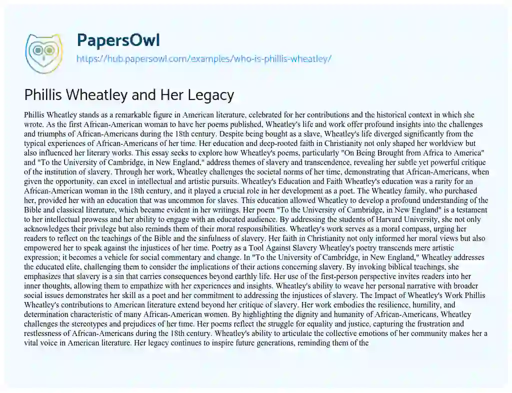 Essay on Phillis Wheatley and Her Legacy