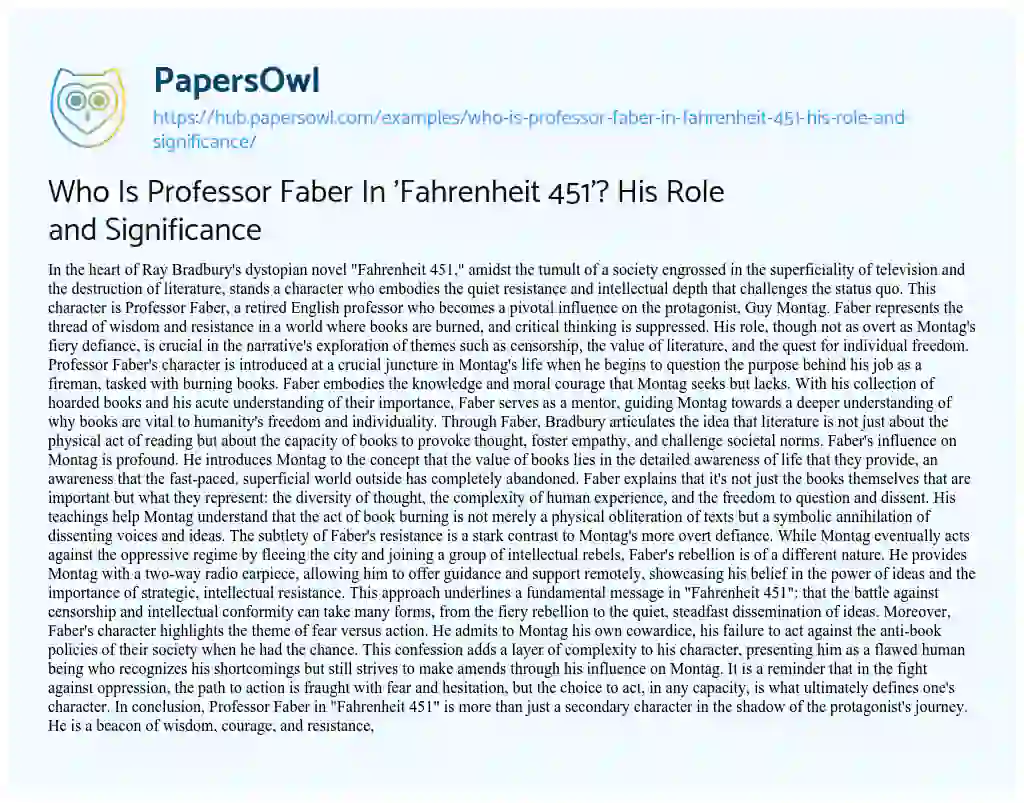 Essay on Who Is Professor Faber In ‘Fahrenheit 451’? His Role and Significance