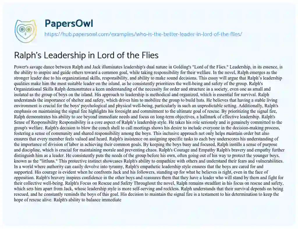 Essay on Ralph’s Leadership in Lord of the Flies