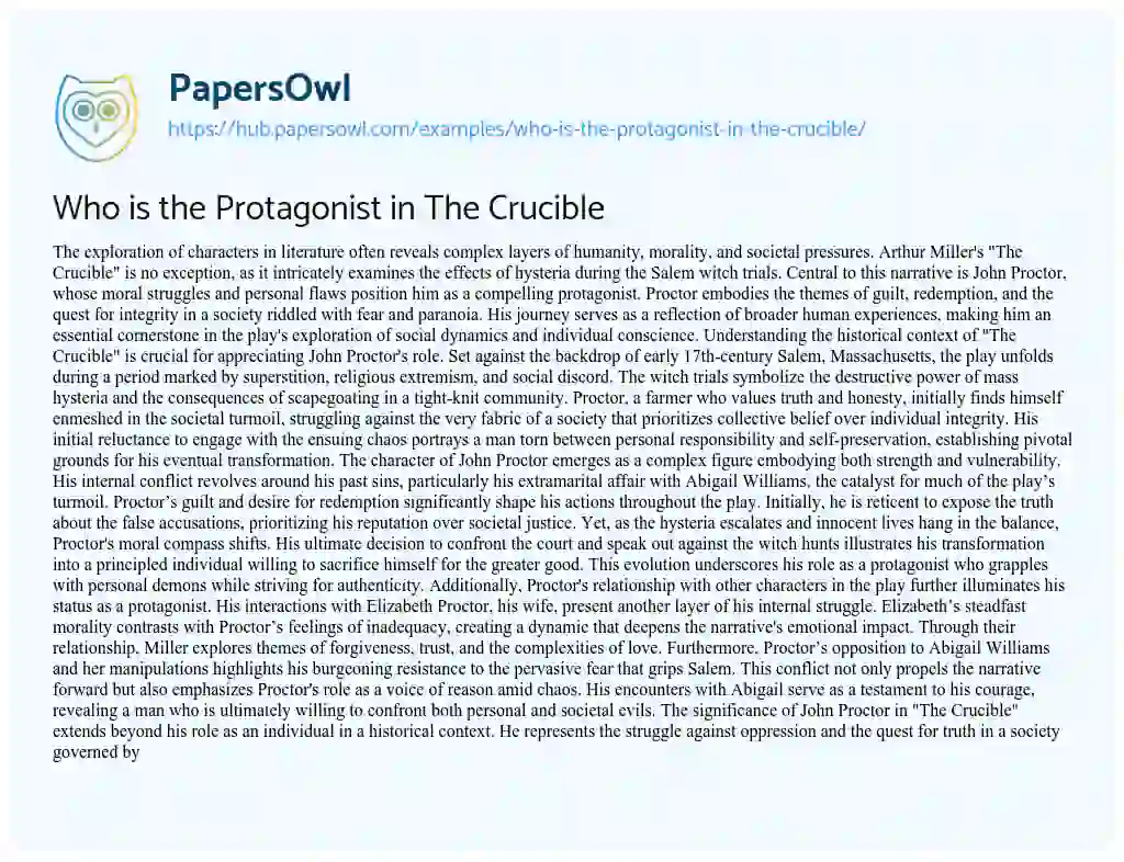 Essay on Who is the Protagonist in The Crucible