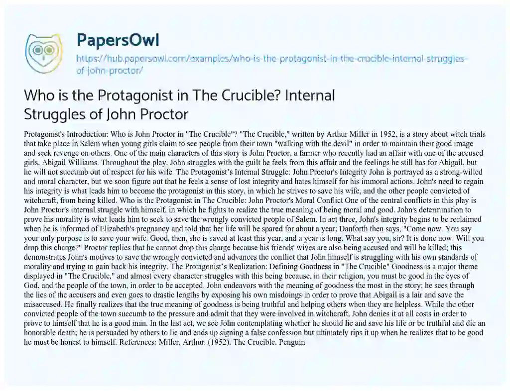 Essay on Who is the Protagonist in The Crucible? Internal Struggles of John Proctor