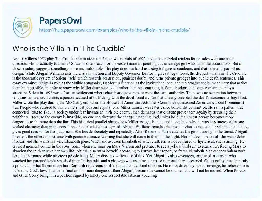 Essay on Who is the Villain in ‘The Crucible’