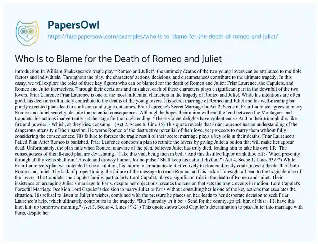 Essay on Who Is to Blame for the Death of Romeo and Juliet