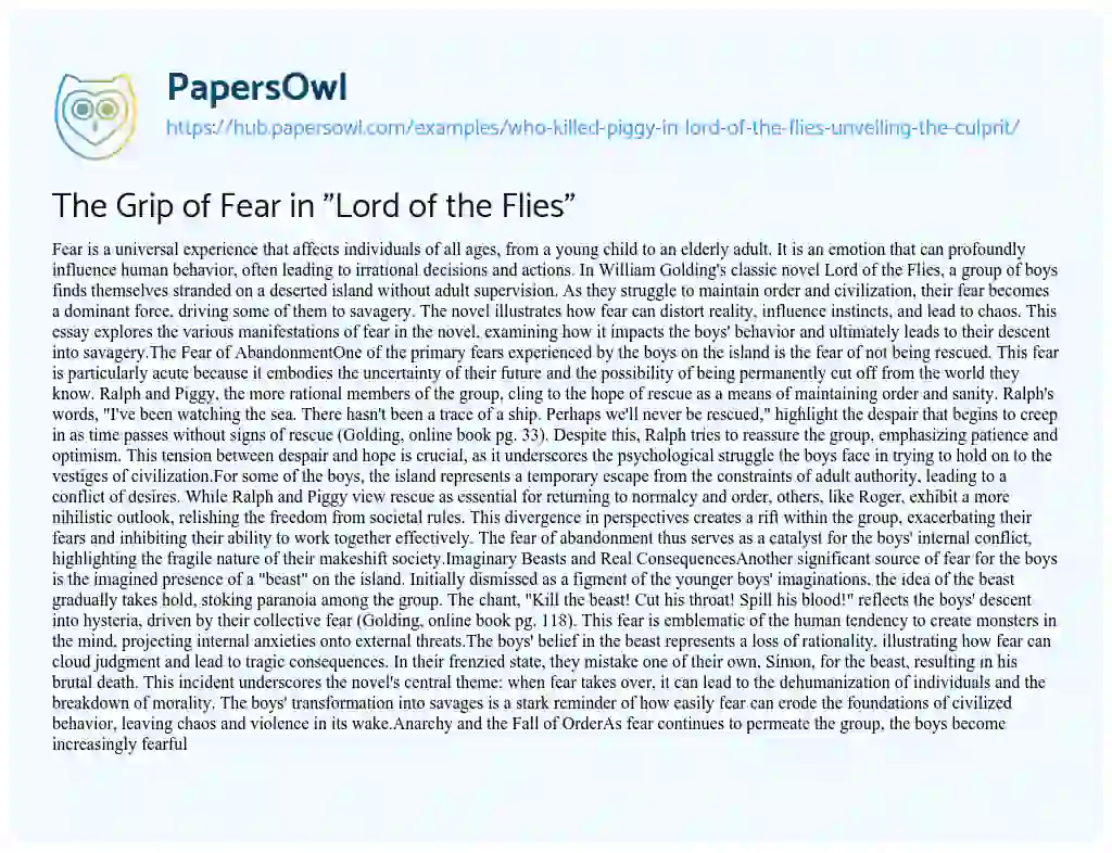 Essay on The Grip of Fear in “Lord of the Flies”