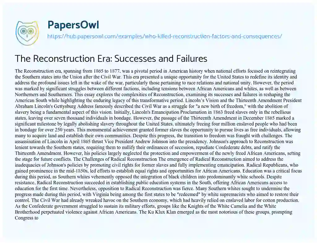 Essay on The Reconstruction Era: Successes and Failures