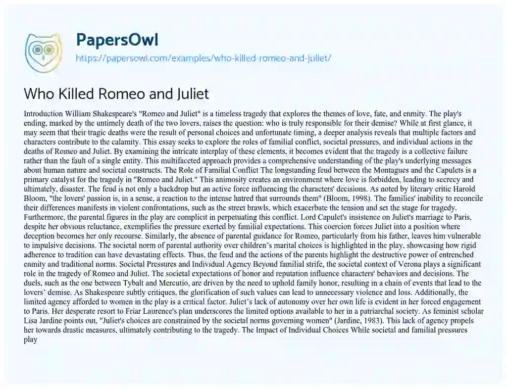 Essay on Who Killed Romeo and Juliet