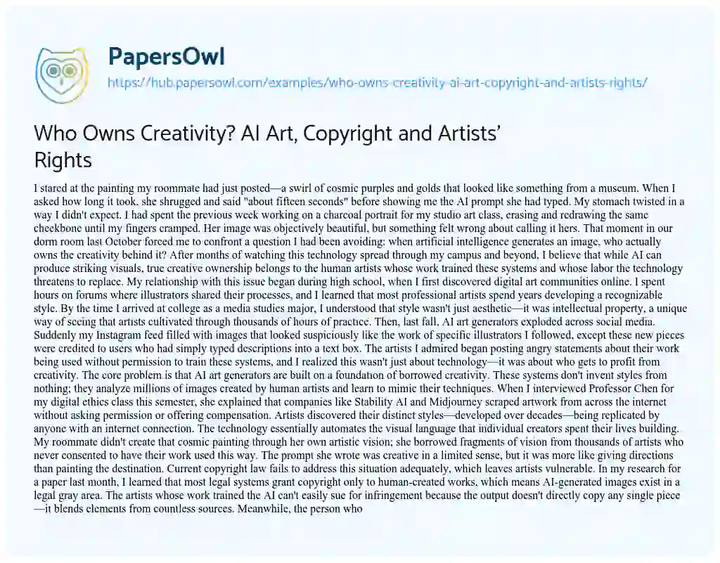 Essay on Who Owns Creativity? AI Art, Copyright and Artists’ Rights