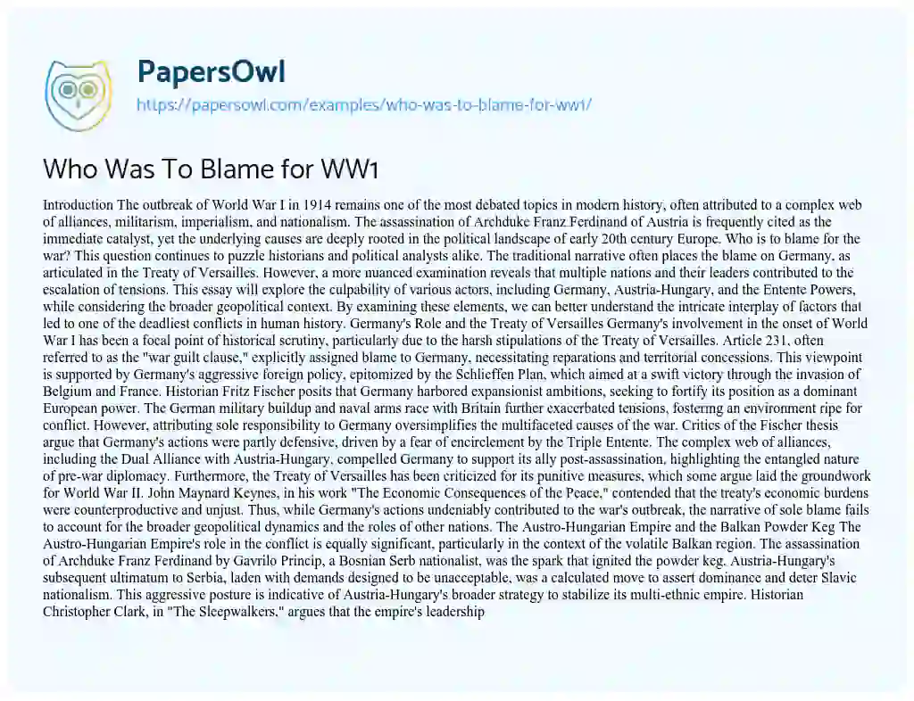 Essay on Who Was To Blame for WW1