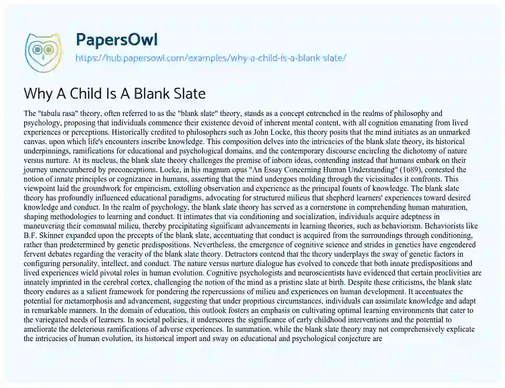 Essay on Why A Child Is A Blank Slate