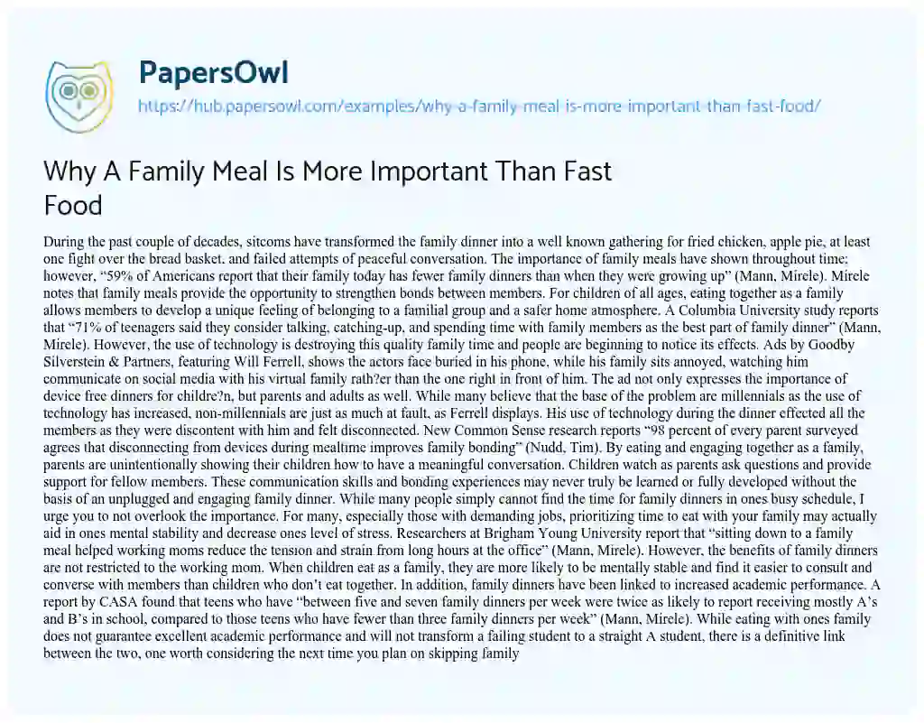 Essay on Why A Family Meal Is More Important Than Fast Food
