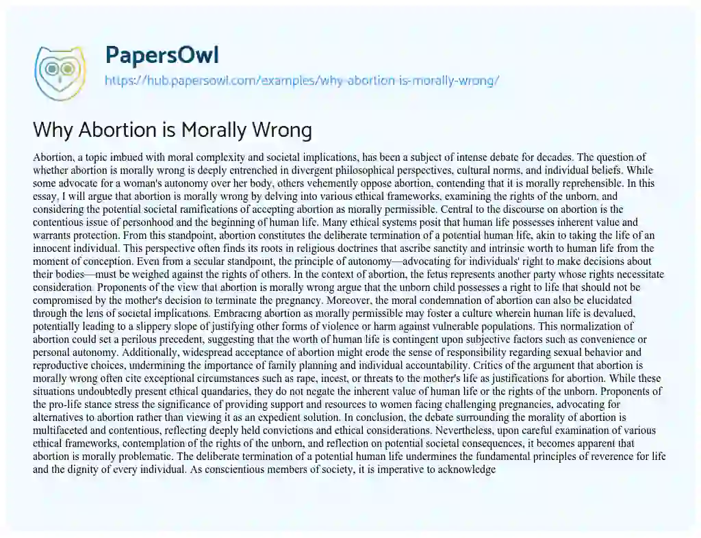 Essay on Why Abortion is Morally Wrong