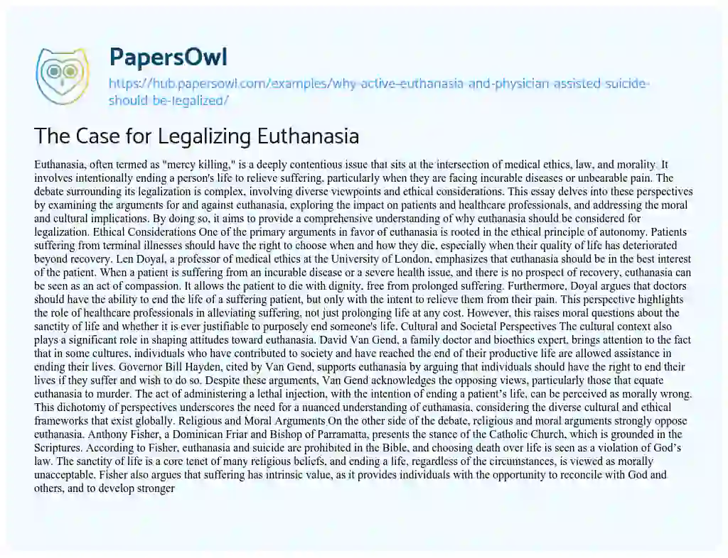 Essay on The Case for Legalizing Euthanasia