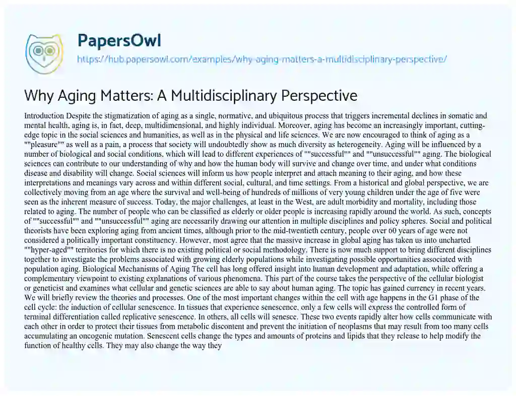 Essay on Why Aging Matters: A Multidisciplinary Perspective