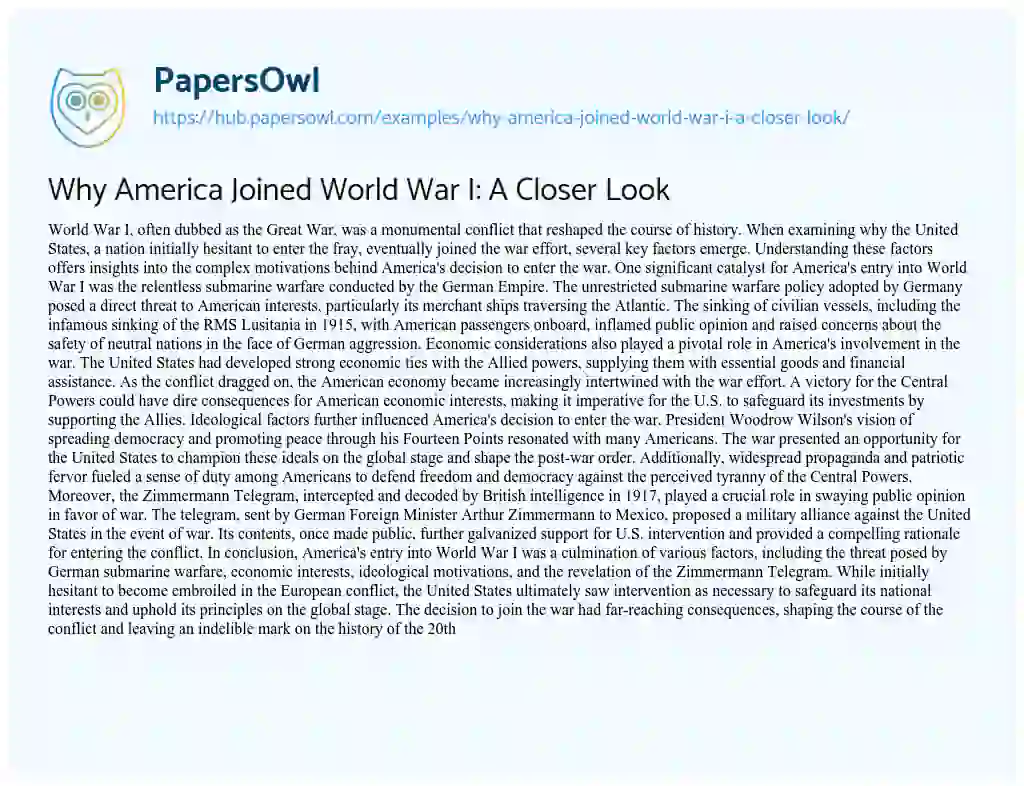 Essay on Why America Joined World War I: A Closer Look