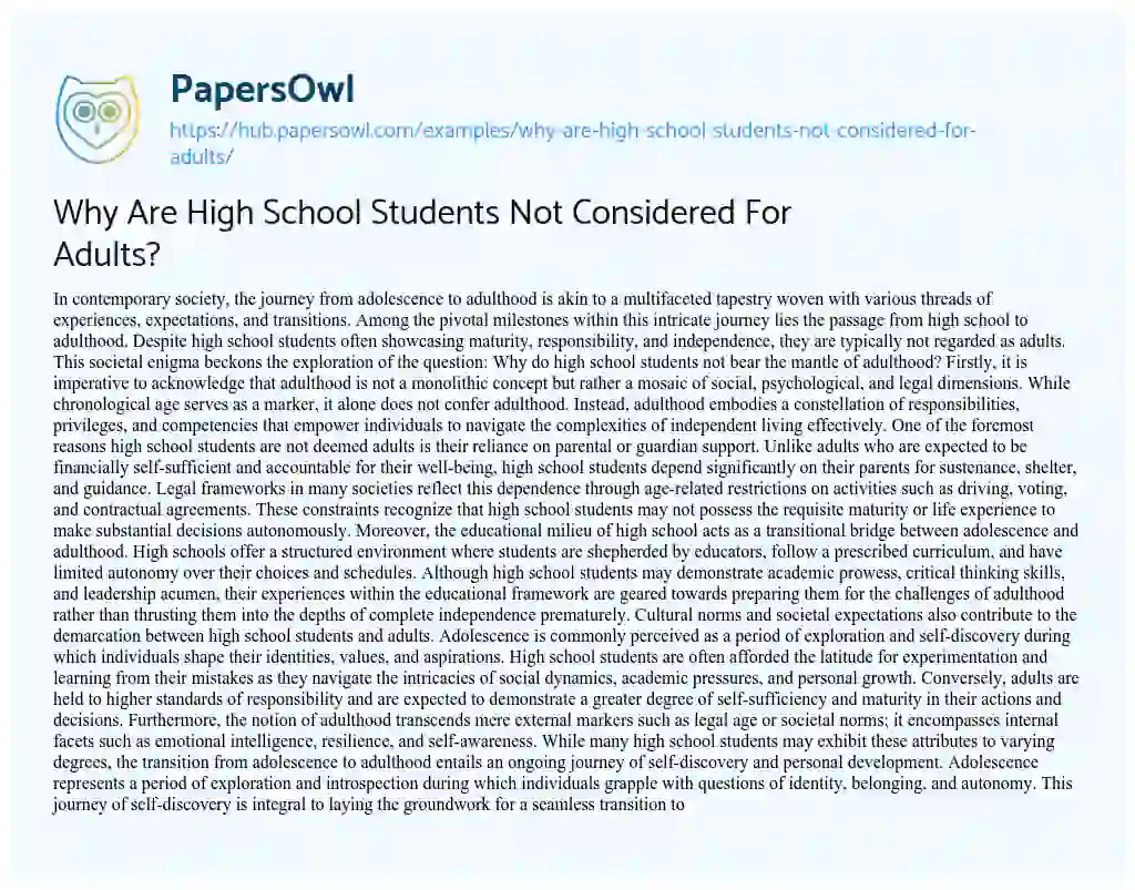 Essay on Why Are High School Students Not Considered For Adults?