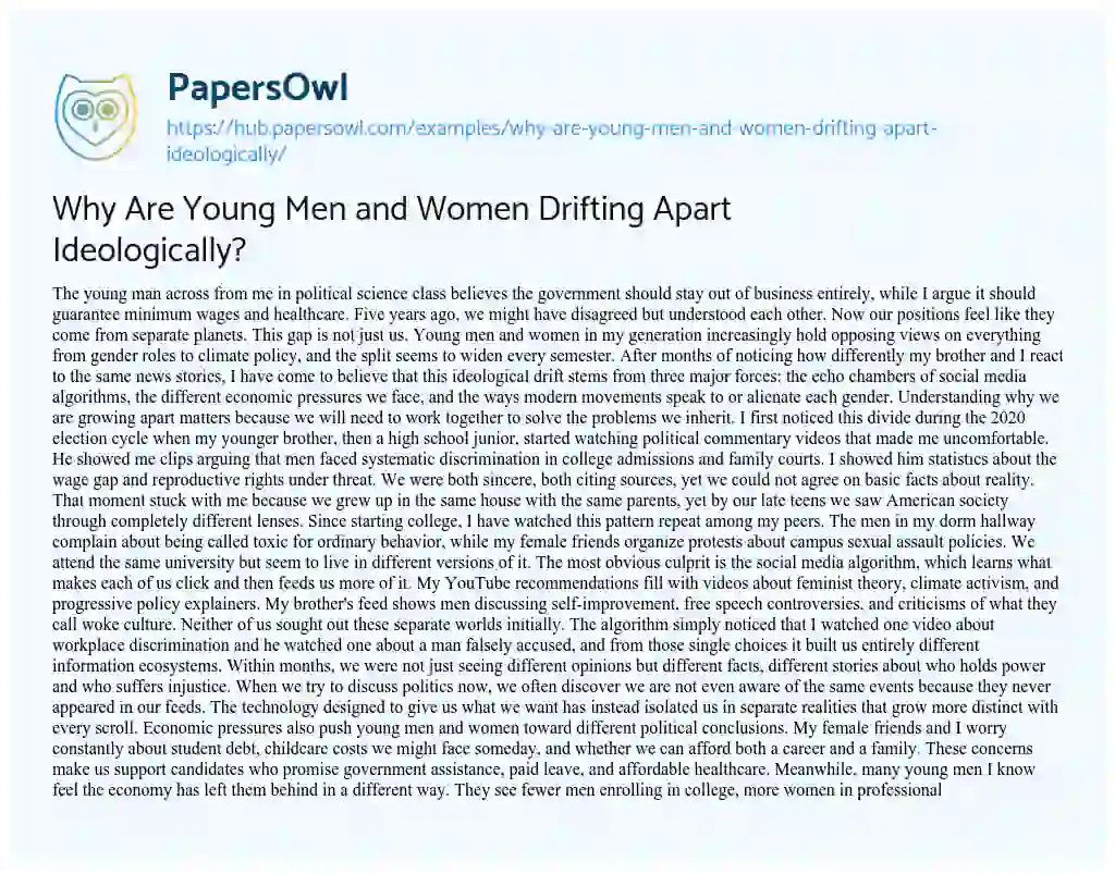 Essay on Why Are Young Men and Women Drifting Apart Ideologically?