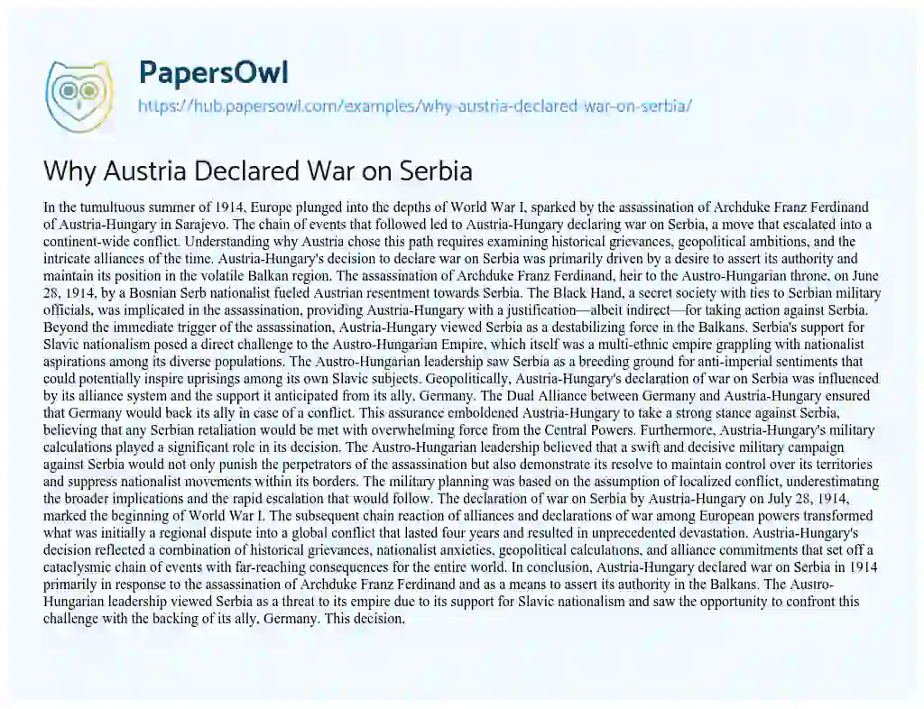 Essay on Why Austria Declared War on Serbia