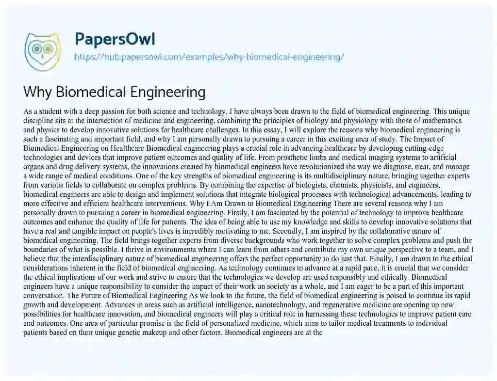 Essay on Why Biomedical Engineering
