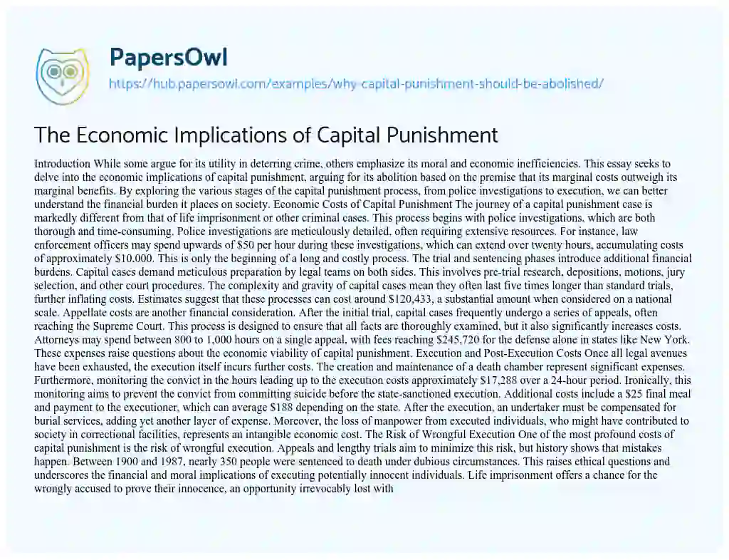 Essay on The Economic Implications of Capital Punishment
