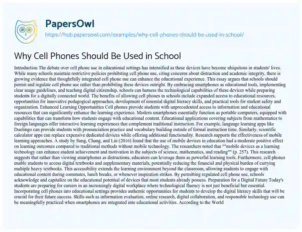 Essay on Why Cell Phones Should Be Used in School