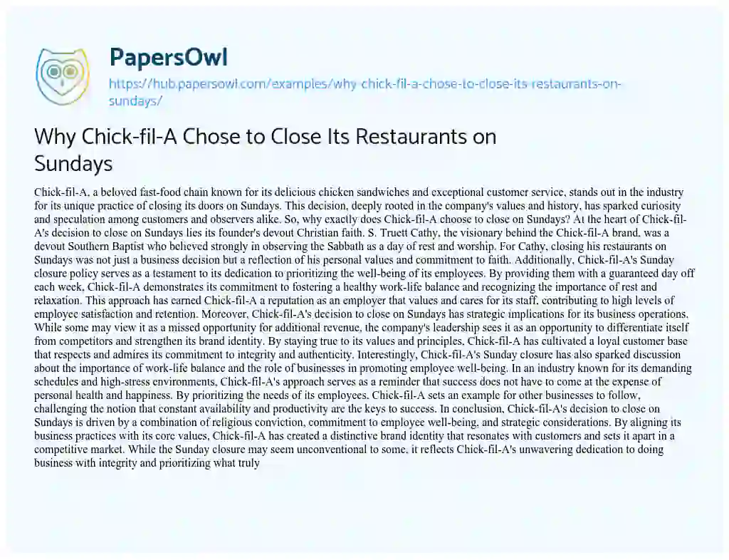Essay on Why Chick-fil-A Chose to Close Its Restaurants on Sundays