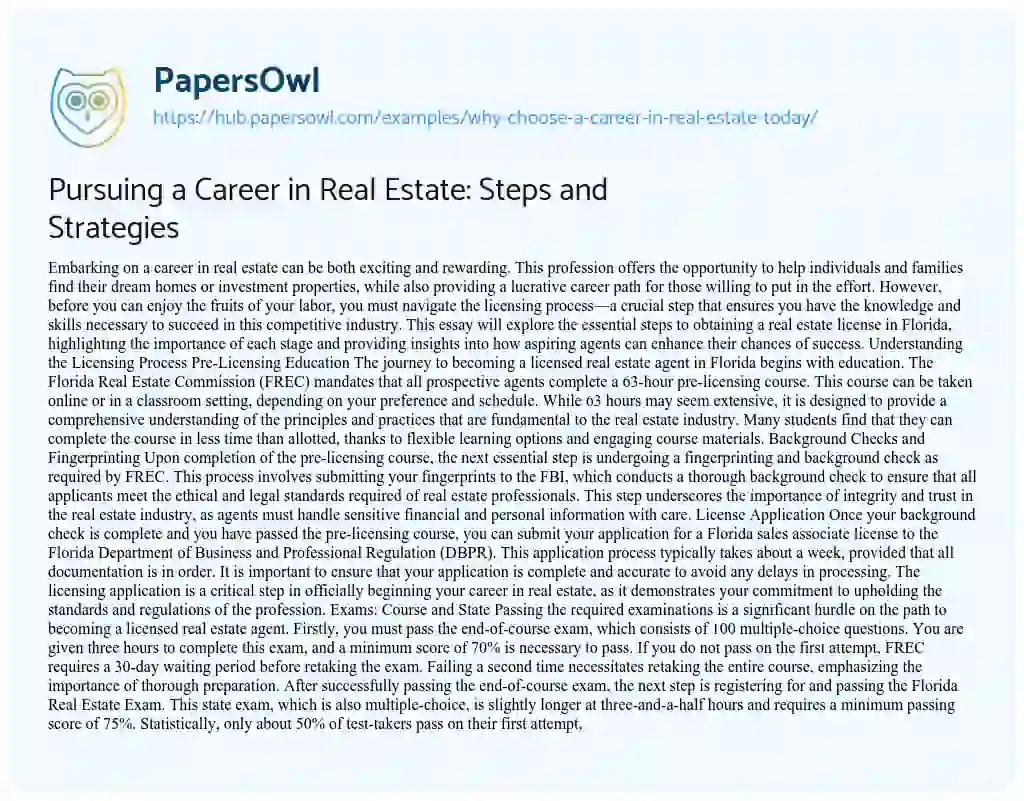 Essay on Pursuing a Career in Real Estate: Steps and Strategies