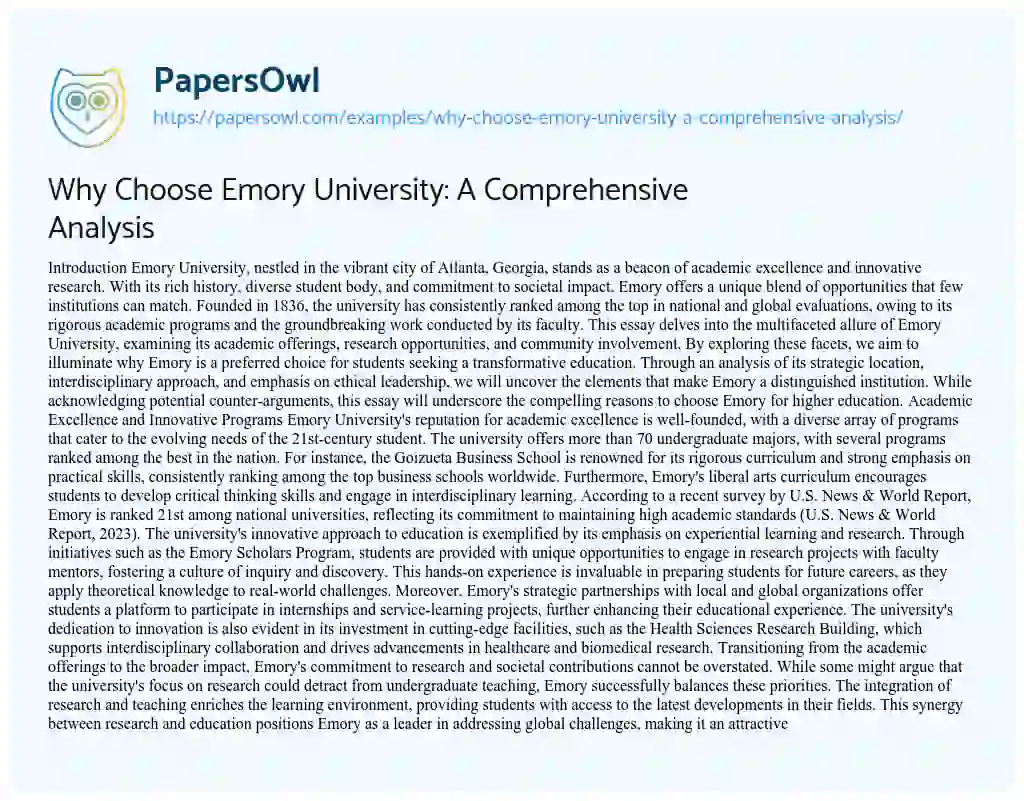 Essay on Why Choose Emory University: A Comprehensive Analysis