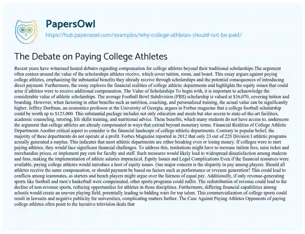 Essay on The Debate on Paying College Athletes