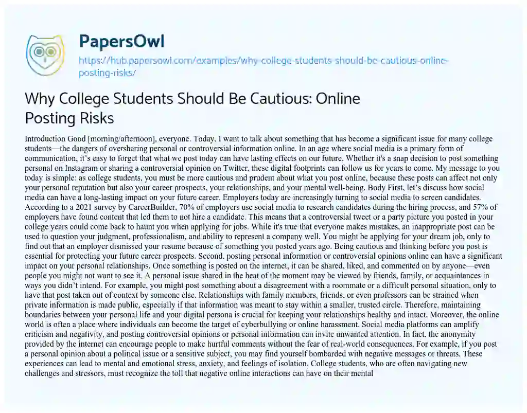 Essay on Why College Students Should Be Cautious: Online Posting Risks
