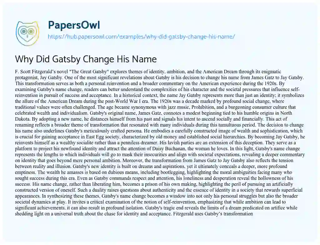 Essay on Why Did Gatsby Change His Name
