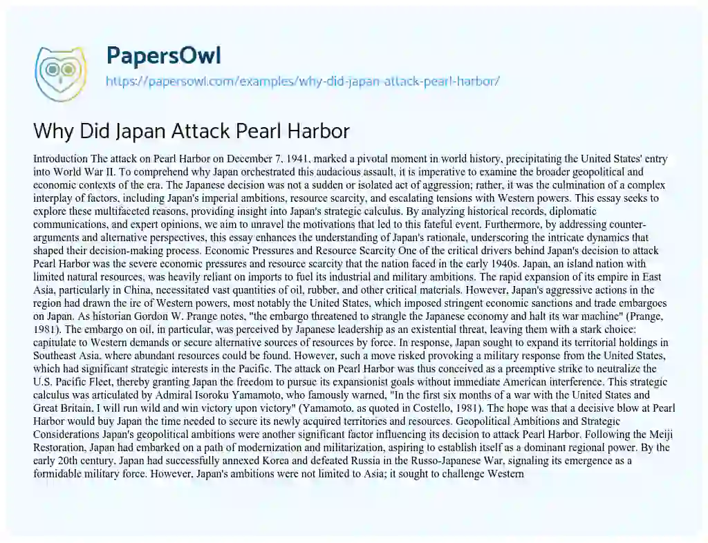 Essay on Why Did Japan Attack Pearl Harbor
