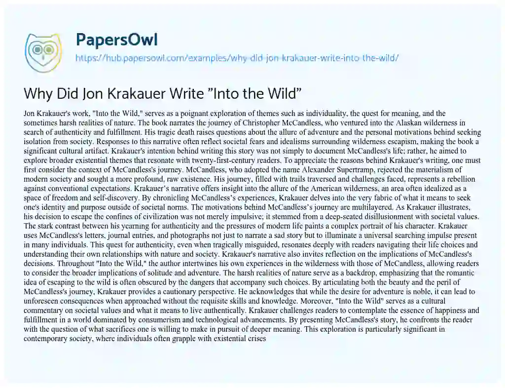 Essay on Why Did Jon Krakauer Write “Into the Wild”
