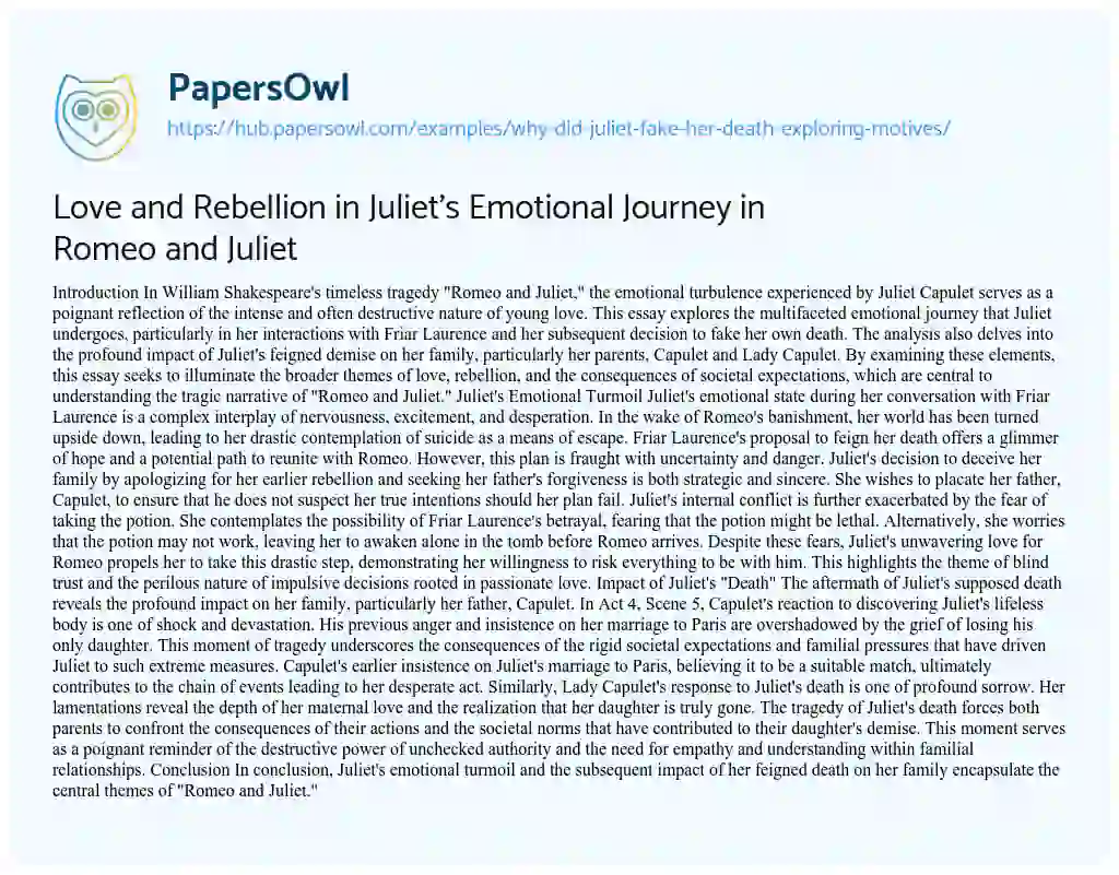 Essay on Love and Rebellion in Juliet’s Emotional Journey in Romeo and Juliet
