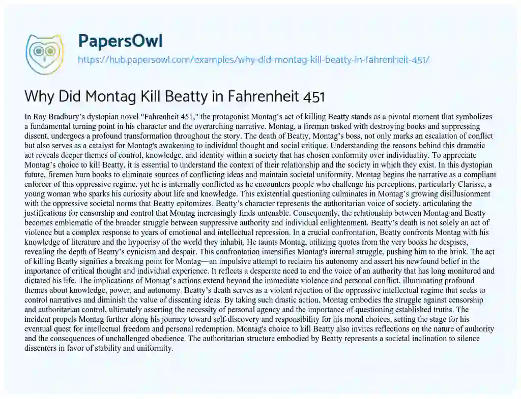 Essay on Why Did Montag Kill Beatty in Fahrenheit 451