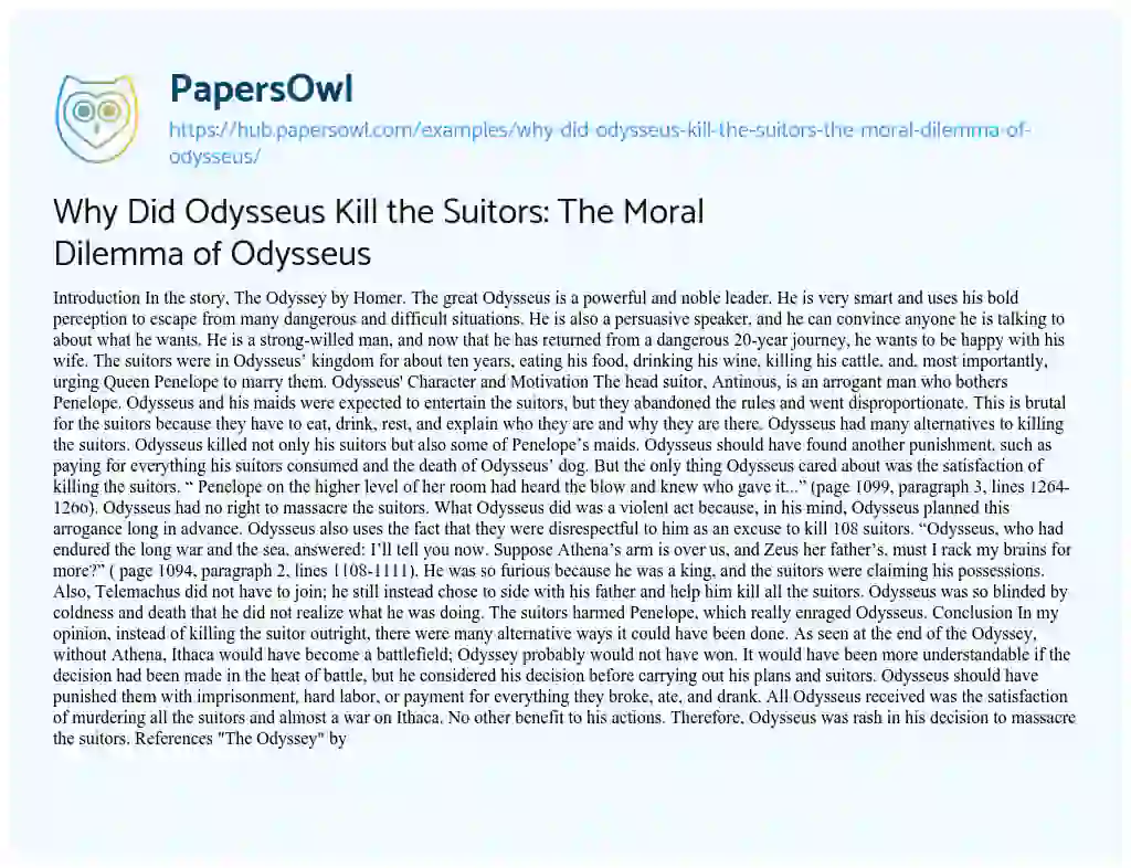 Essay on Why Did Odysseus Kill the Suitors: The Moral Dilemma of Odysseus