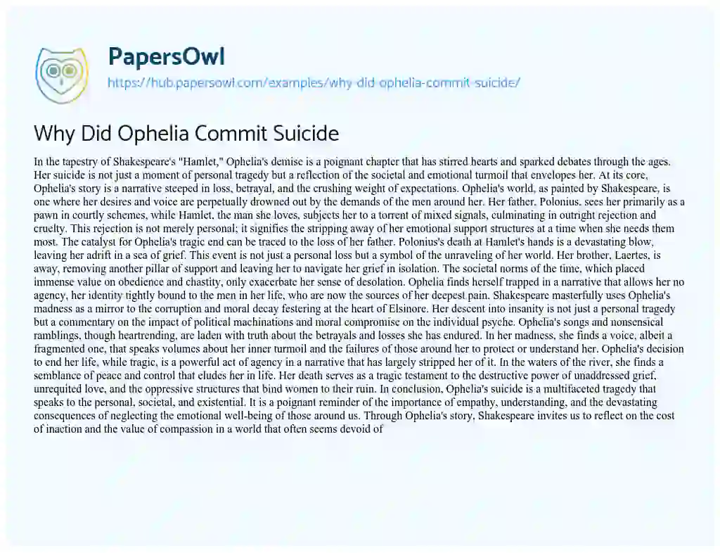 Essay on Why Did Ophelia Commit Suicide
