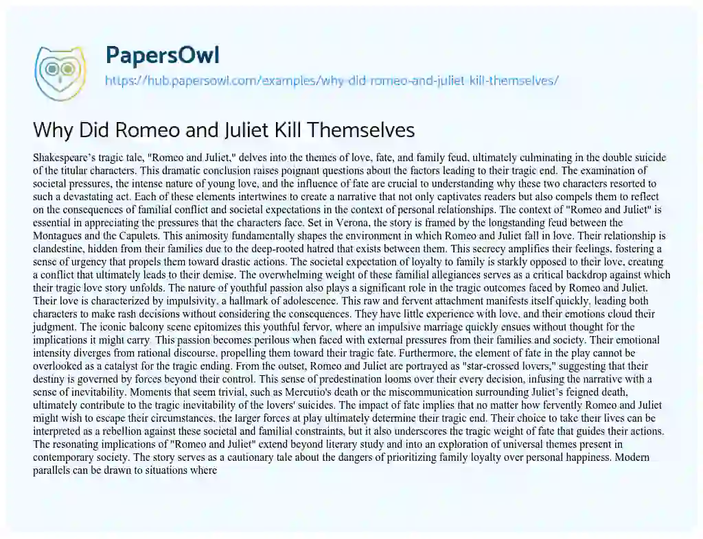 Essay on Why Did Romeo and Juliet Kill Themselves