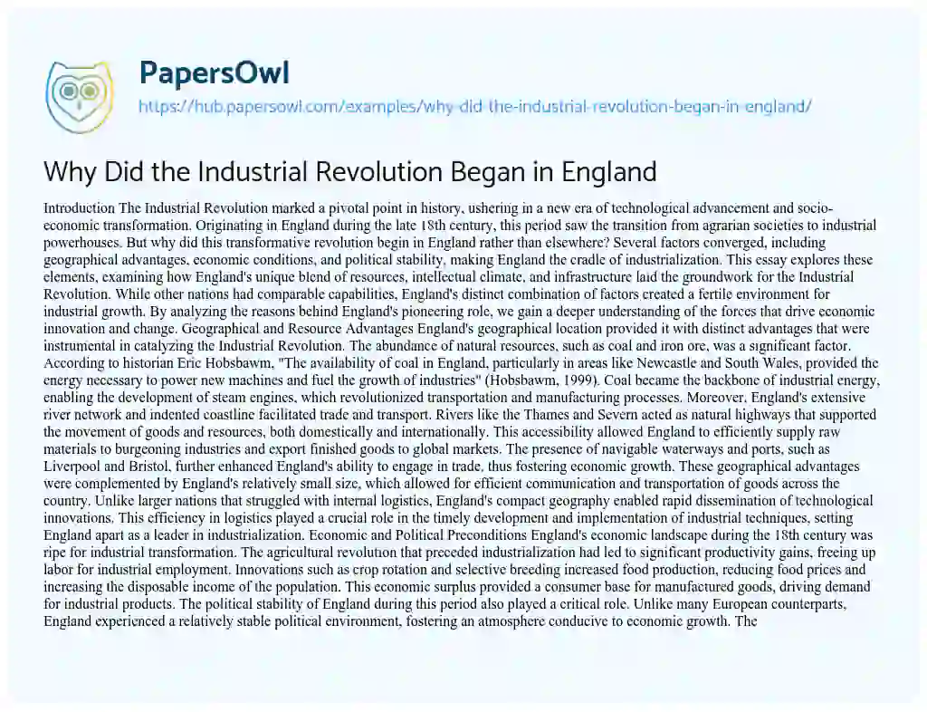 Essay on Why Did the Industrial Revolution Began in England
