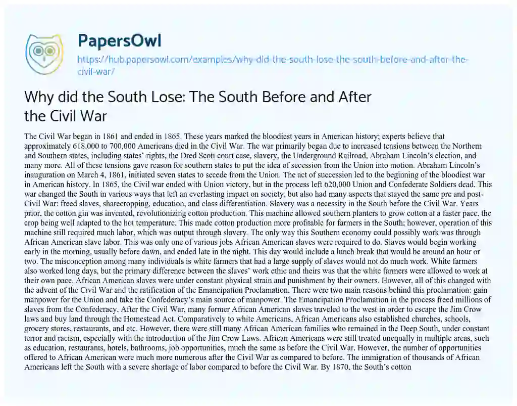 Essay on Why did the South Lose: The South Before and After the Civil War 