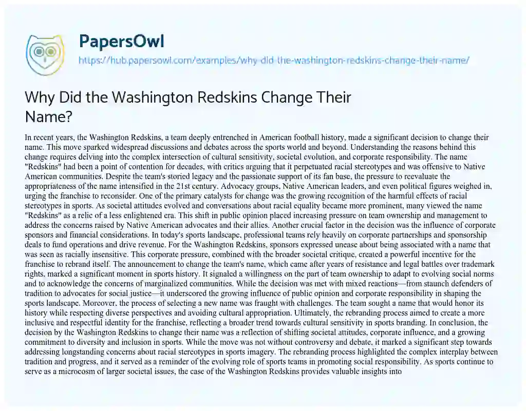 Essay on Why Did the Washington Redskins Change Their Name?