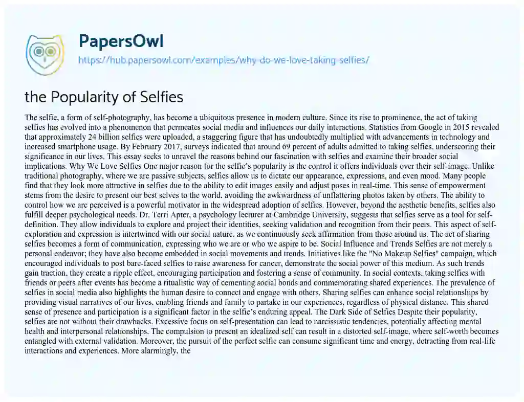 Essay on the Popularity of Selfies